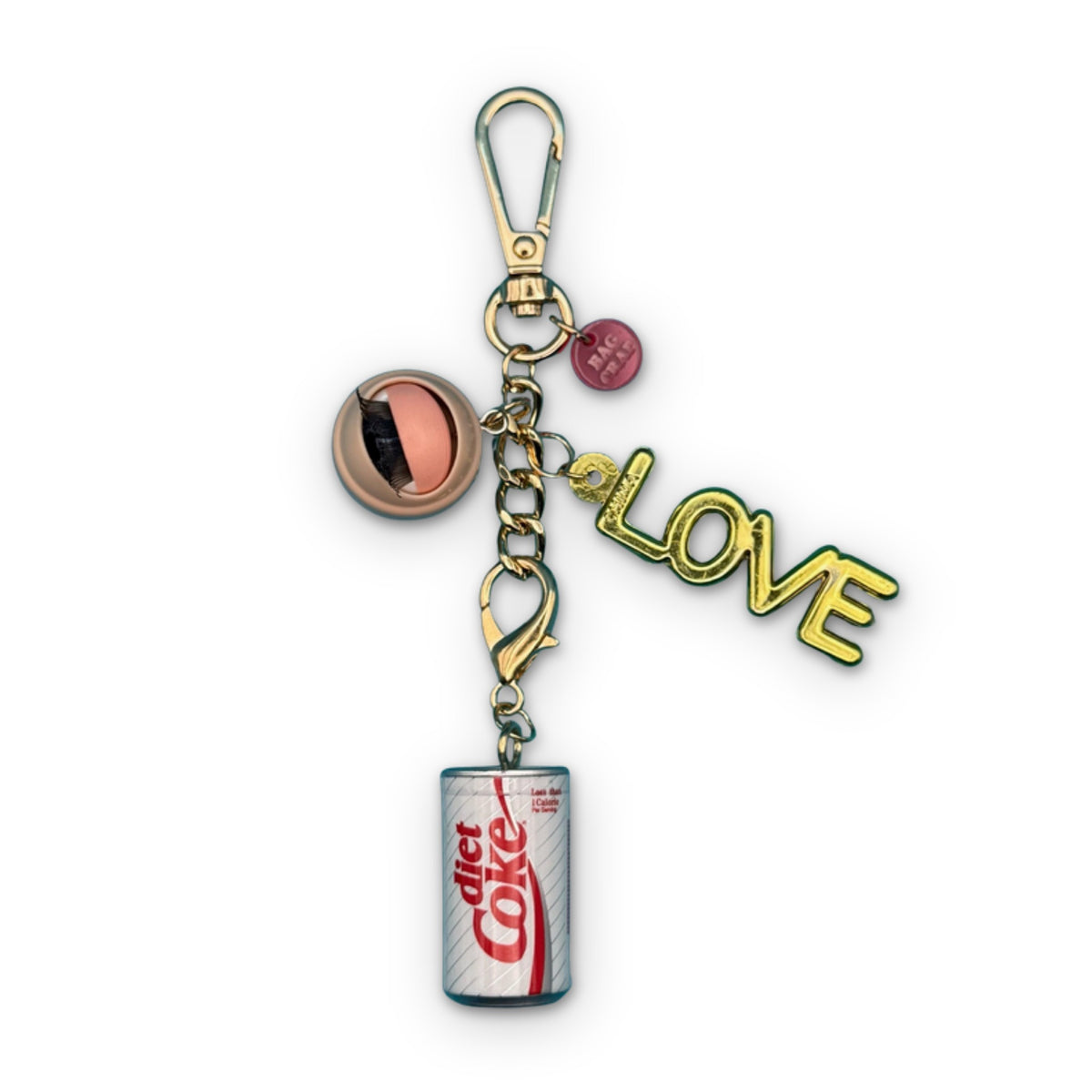 "Eye Love Diet Coke" Gold Bag Charm Chain on a white background