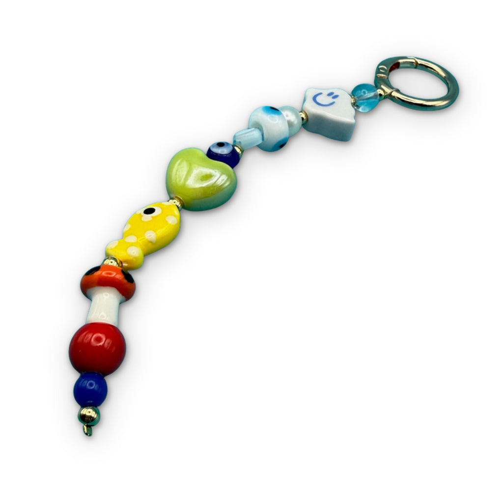 Glass Bead Bag Charm— Evil Eye, Smiley Face Cloud