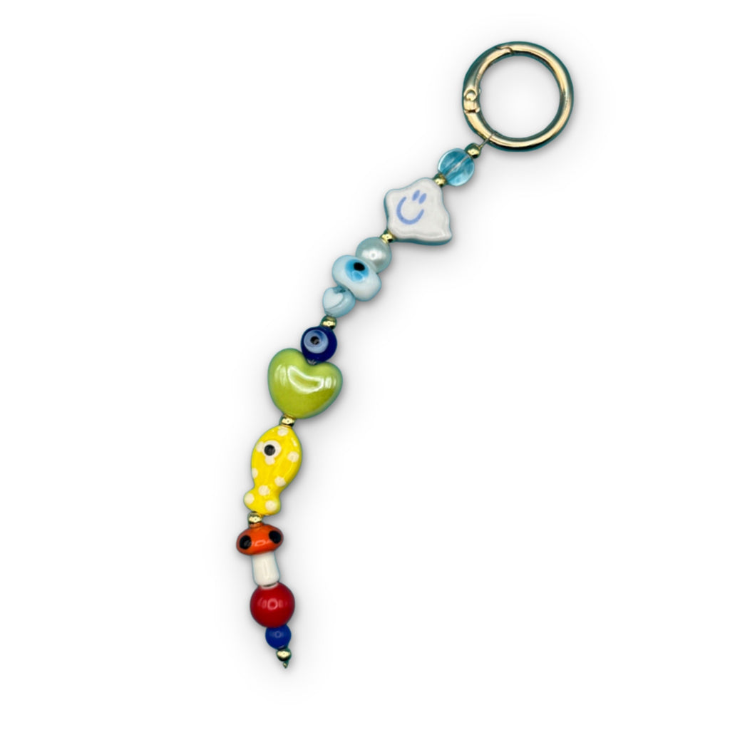 Glass Bead Bag Charm— Evil Eye, Smiley Face Cloud
