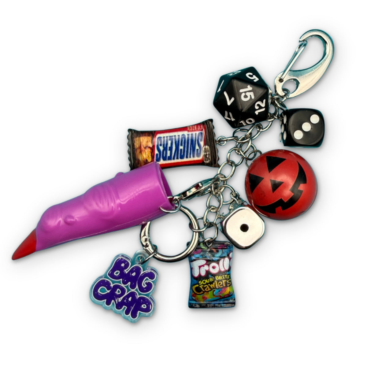 Halloween Jack-O-Lantern Candy Bag Charm Chain on a white background