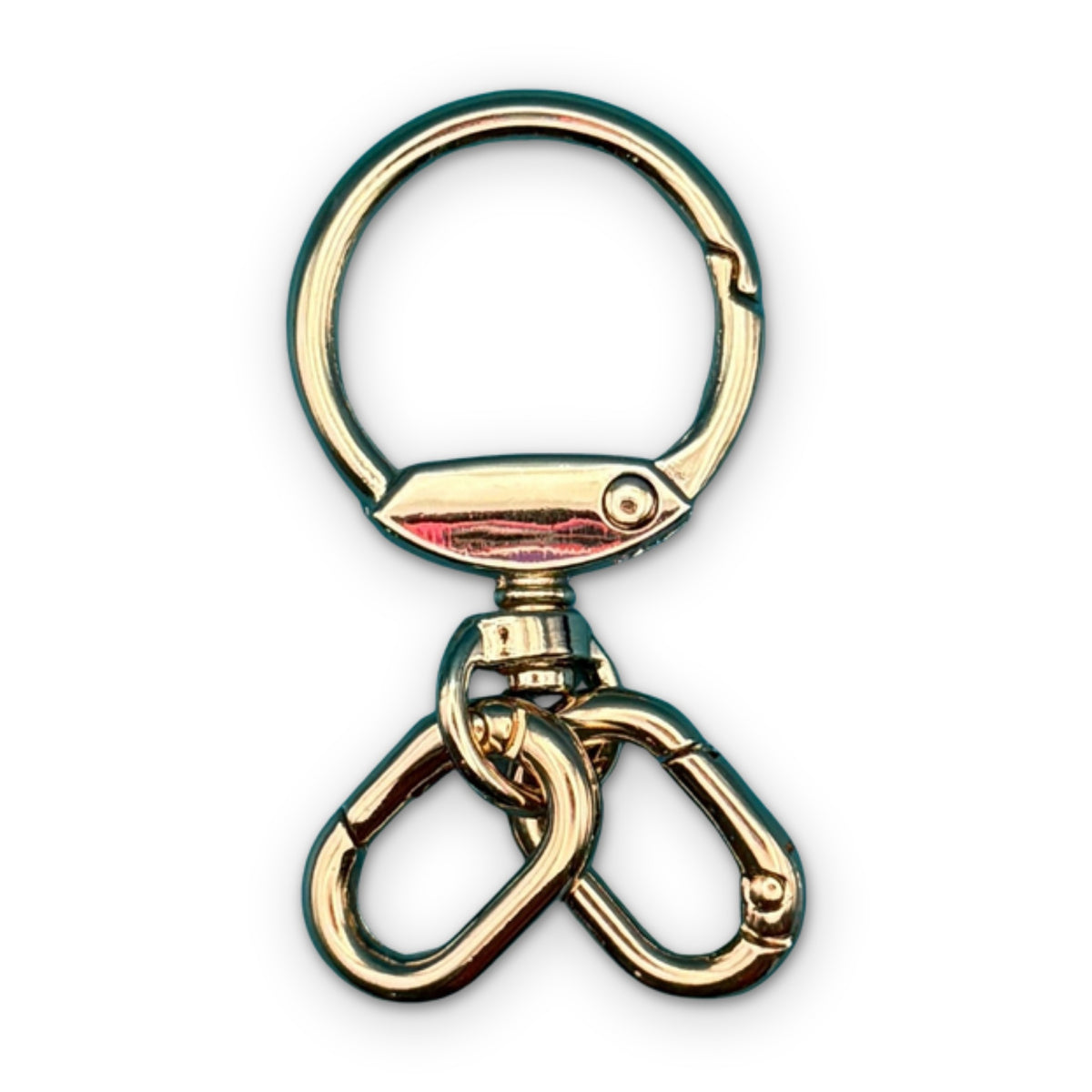 Bag Crap Light Gold Swivel Spring Clip with 2 Carabiner Clips on a white background