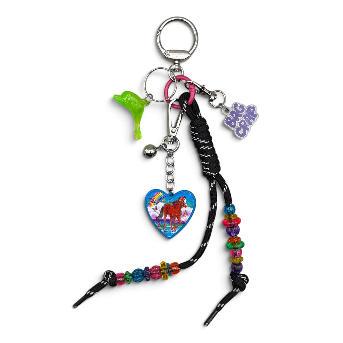 Rare 90s vintage Lisa Frank running horse heart keychain charm set with black paracord and colorful beads