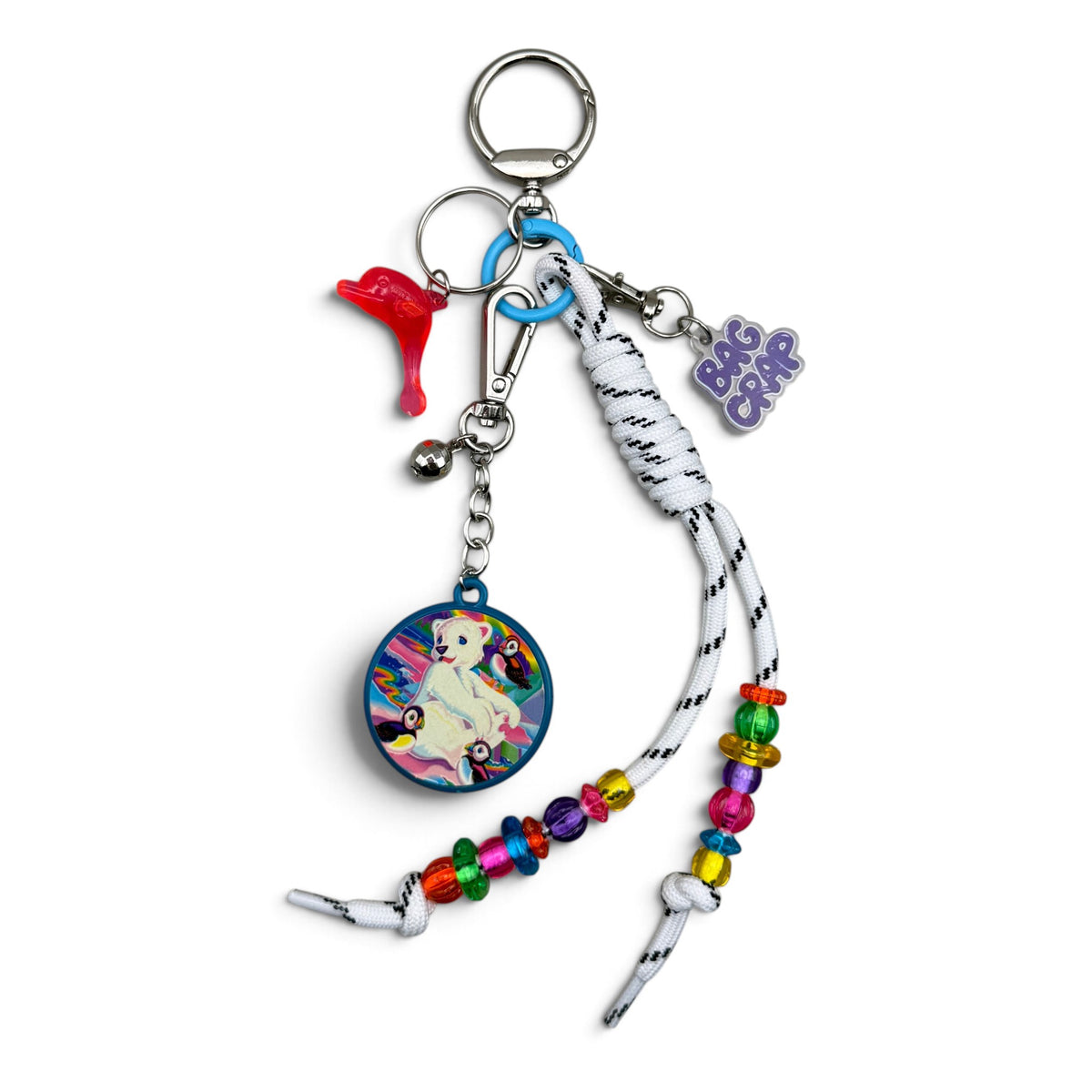 Rare 90s vintage Lisa Frank Roary polar bear and puffins keychain charm set with white paracord and colorful beads