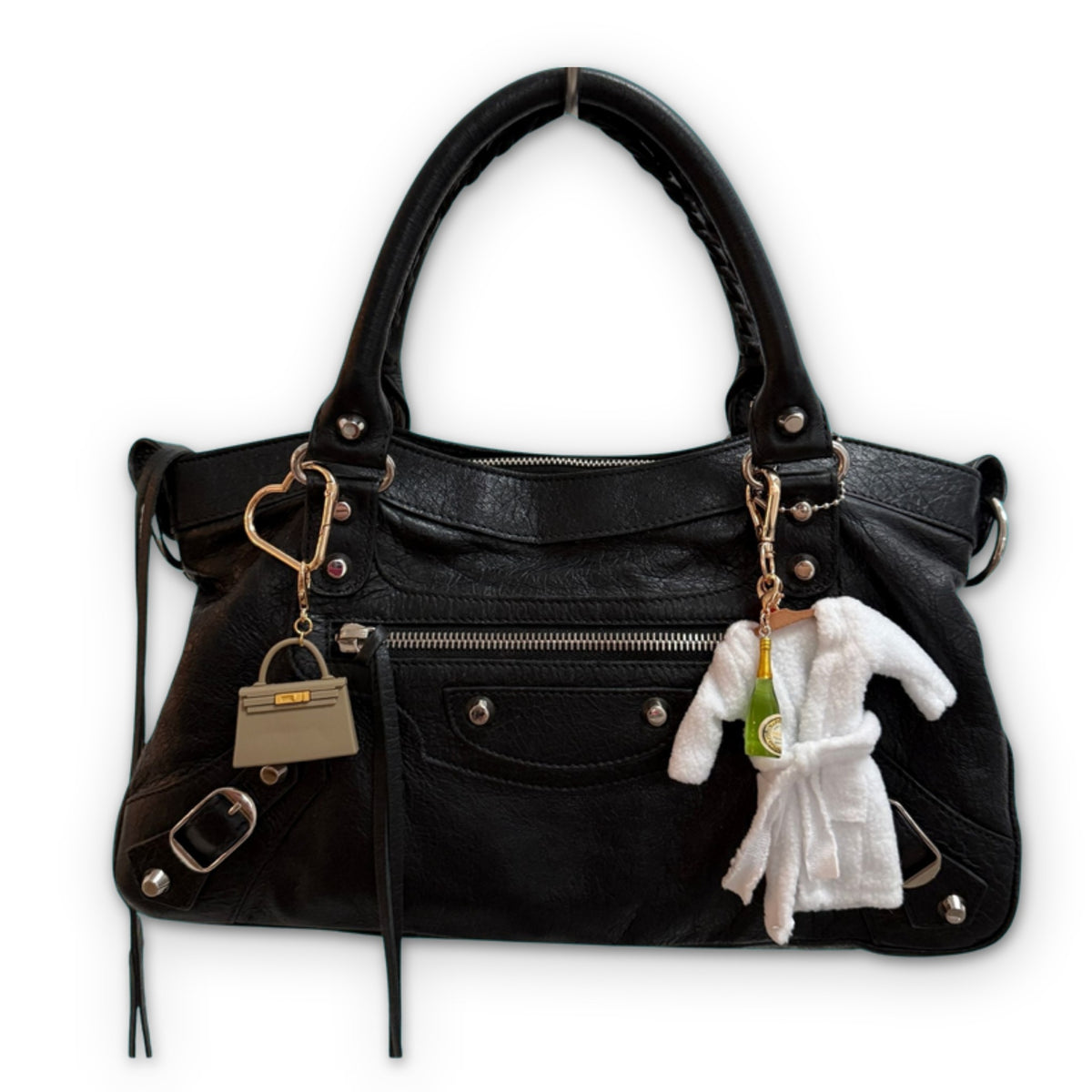 Mini Designer Handbag Trinket Charm + Gold Heart Carabiner on a white background