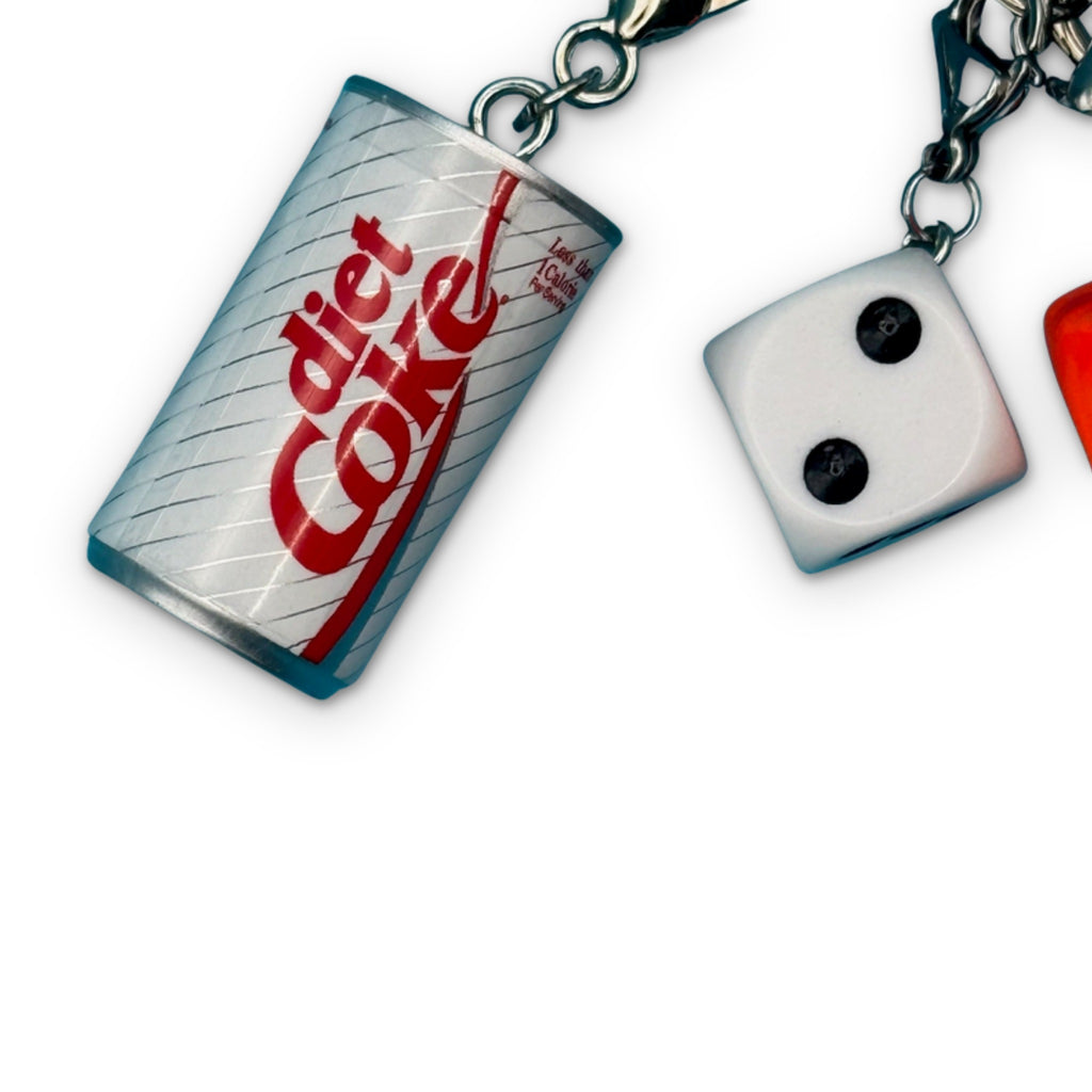 Mini Diet Coke + Neon Race Car Trinket Bag Charm Set
