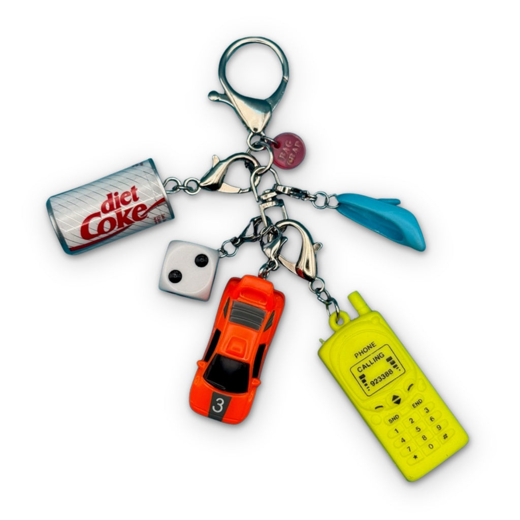 Mini Diet Coke + Neon Race Car Trinket Bag Charm Set