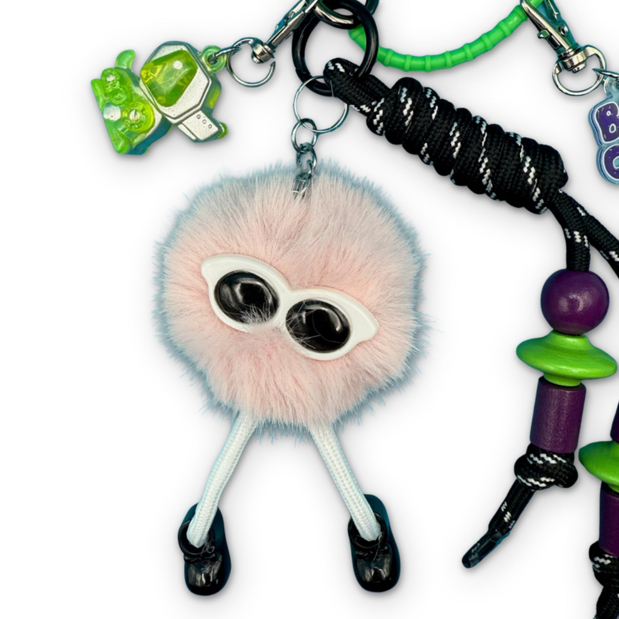 Neon Green & Black Pom Pom   Pack - vintage bag charm packs nostalgia vintage y2k vintage keychain vintage charms for bag nostalgia vintage keychains y2k collectible - Bag Crap