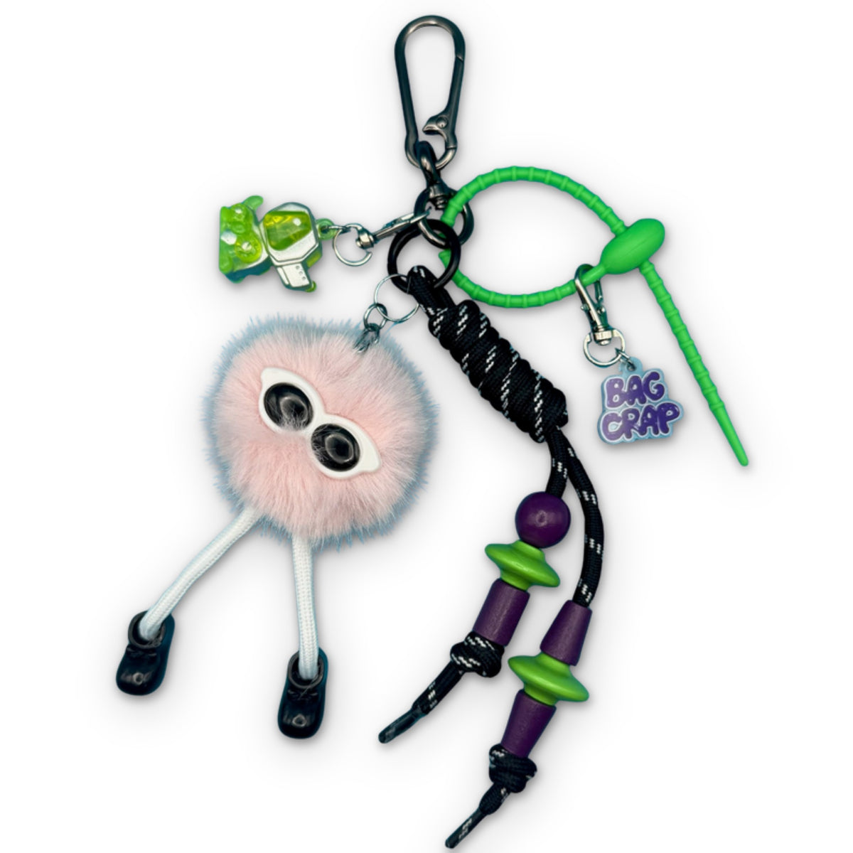 Neon Green & Black Pom Pom Bag Charm Pack on a white background