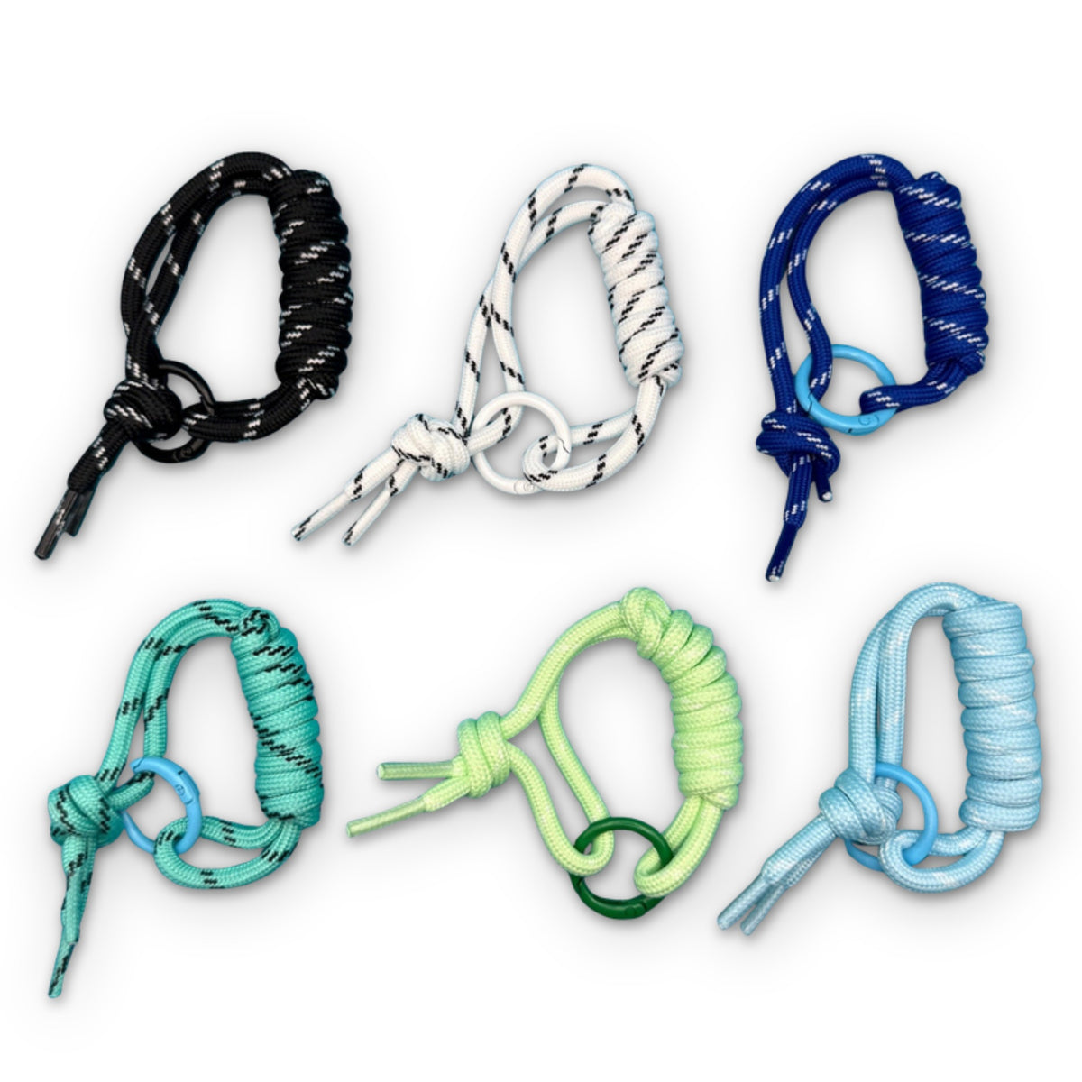 Paracord Bag Charms - Blue, Black, White on a white background