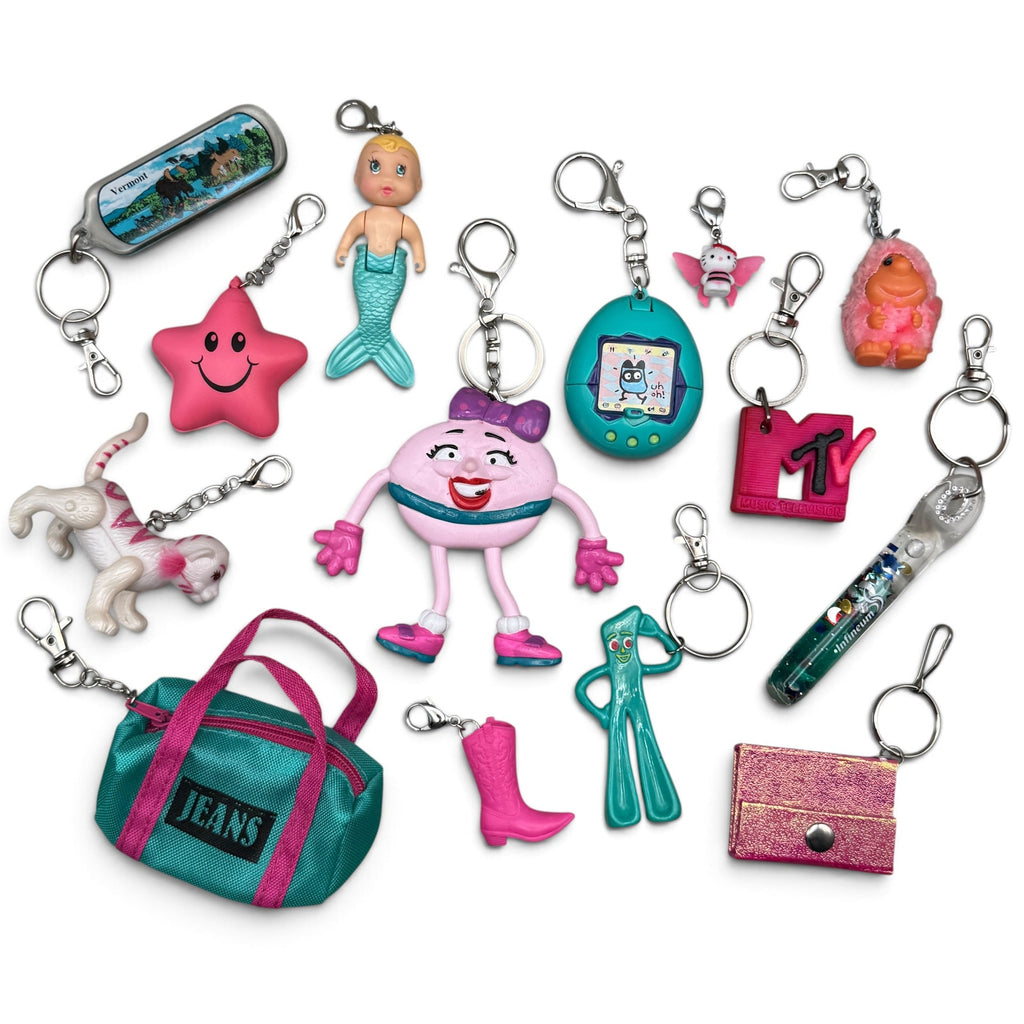 Vintage Junk Drawer Bag Charms & Keychains: Pink & Teal