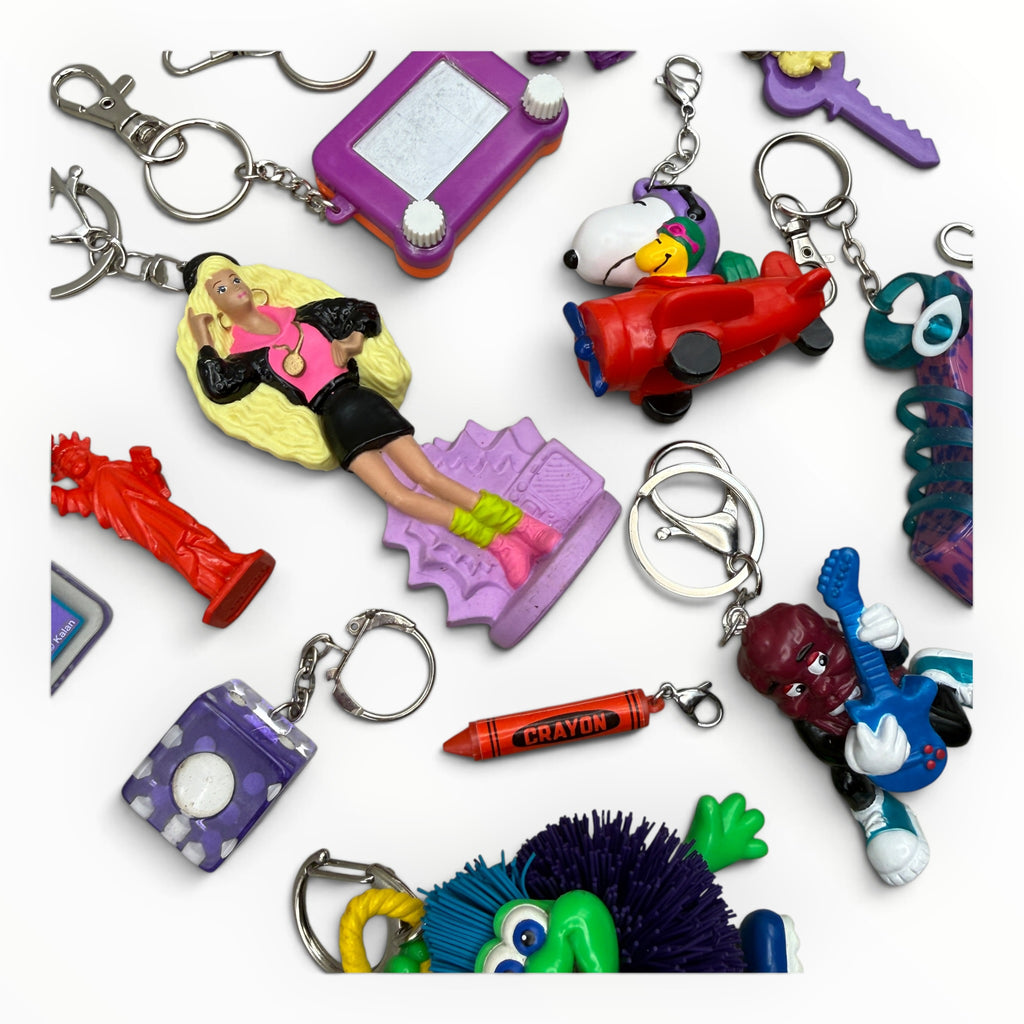 Vintage Junk Drawer Keychains & Bag Charms: Purple & Red