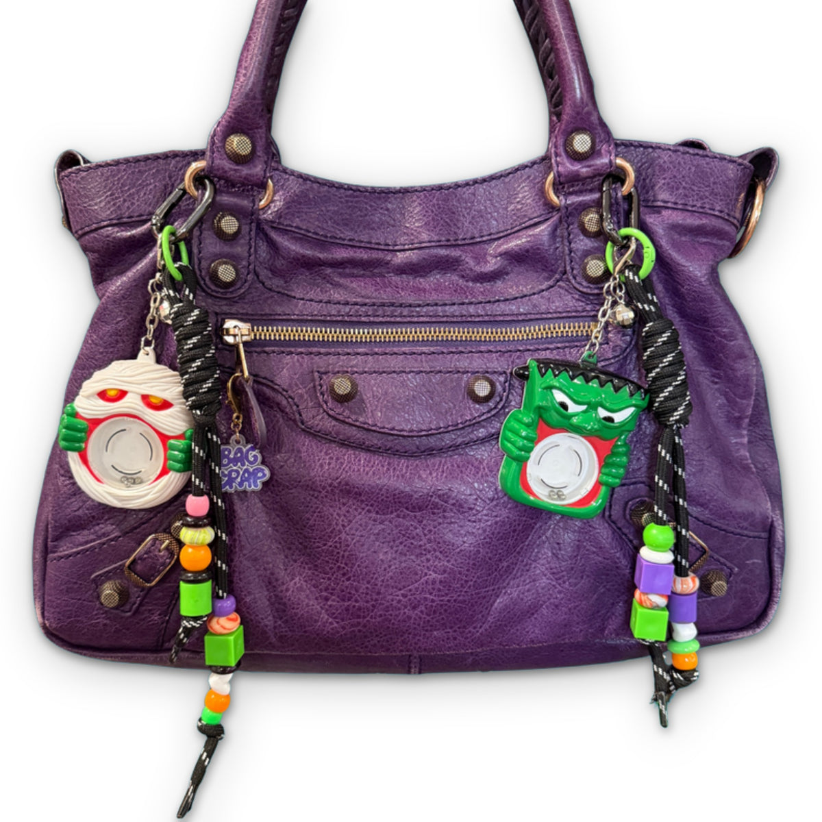 Rare Vintage Maze Monster Bag Charm Keychain Set on a white background