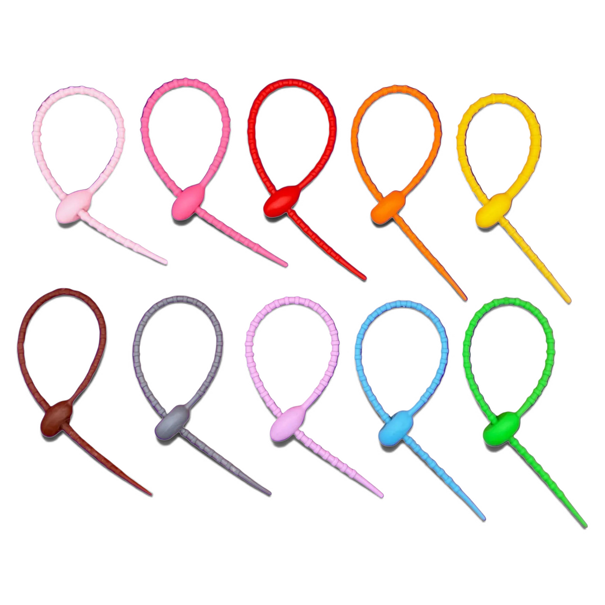 Bag Crap rubber zip tie keychain attachments in ten vibrant primary and pastel colors for securing bag charms.