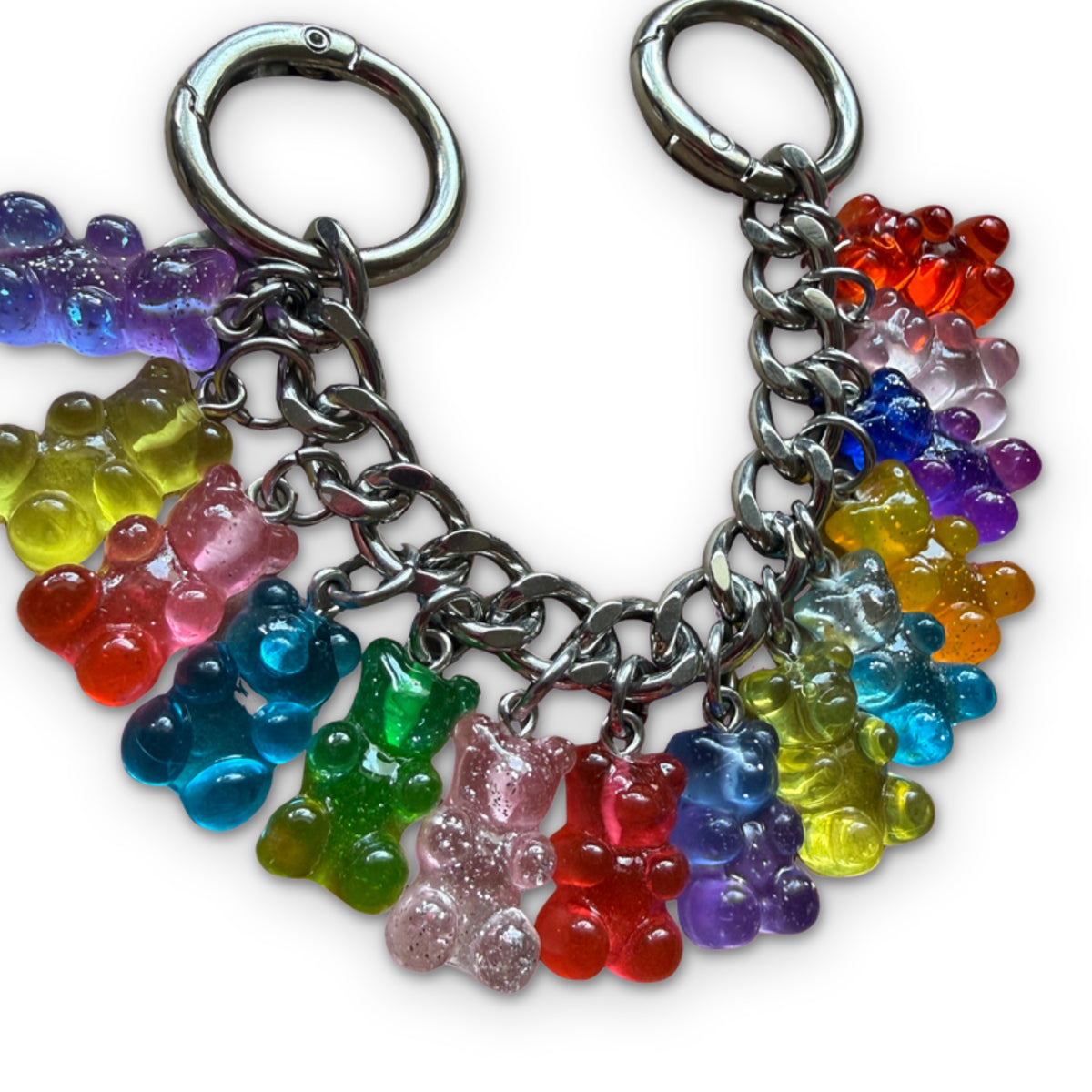 Short Stack Gummy Bear Candy Bag Chain - Silver on a white background
