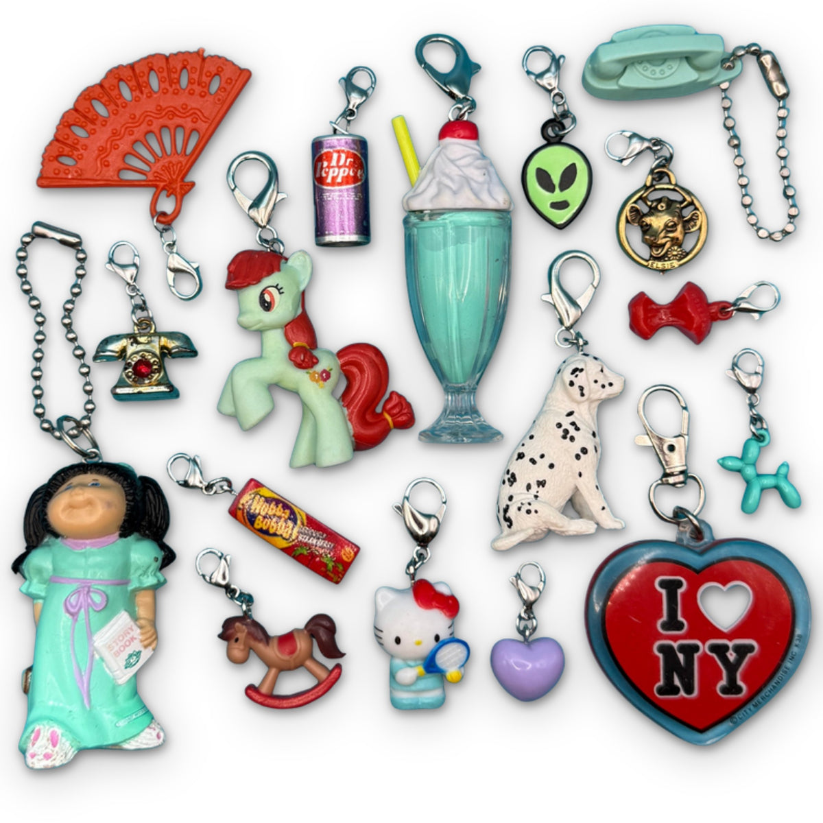 Turquoise & Ruby Red Vintage Bag Charms & Keychain Drop on a white background