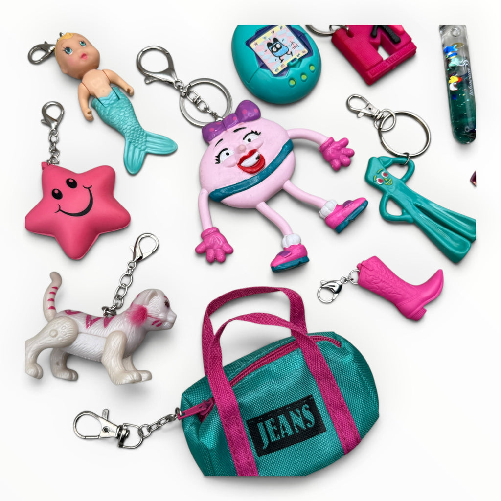 Vintage Junk Drawer Bag Charms & Keychains: Pink & Teal
