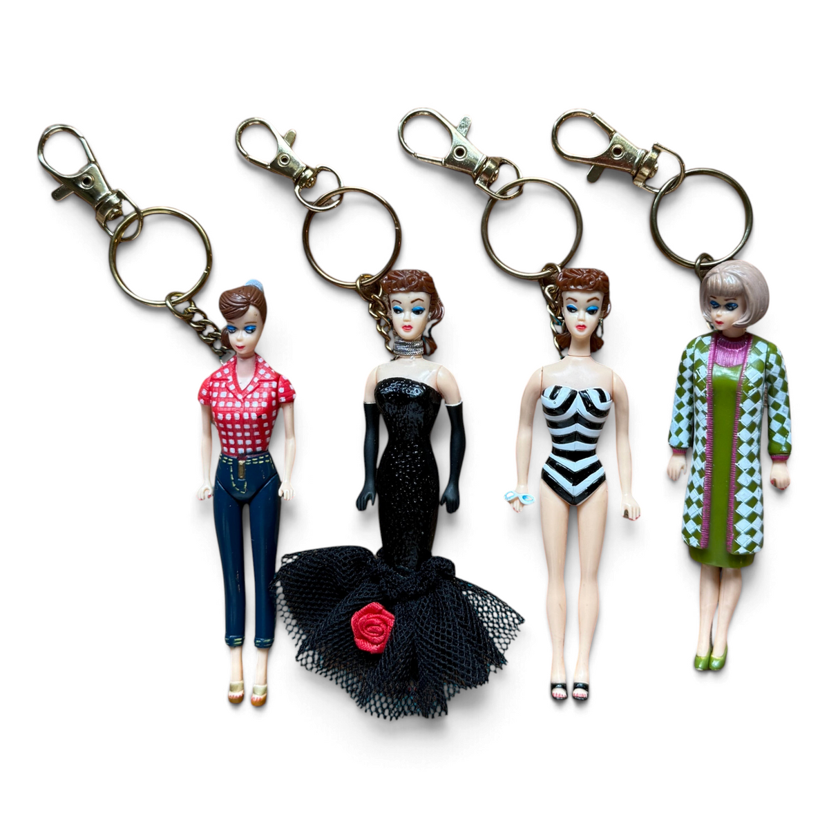 Bag Crap vintage 1995 Barbie doll keychains with gold-tone lobster clips featuring various iconic fashion outfits