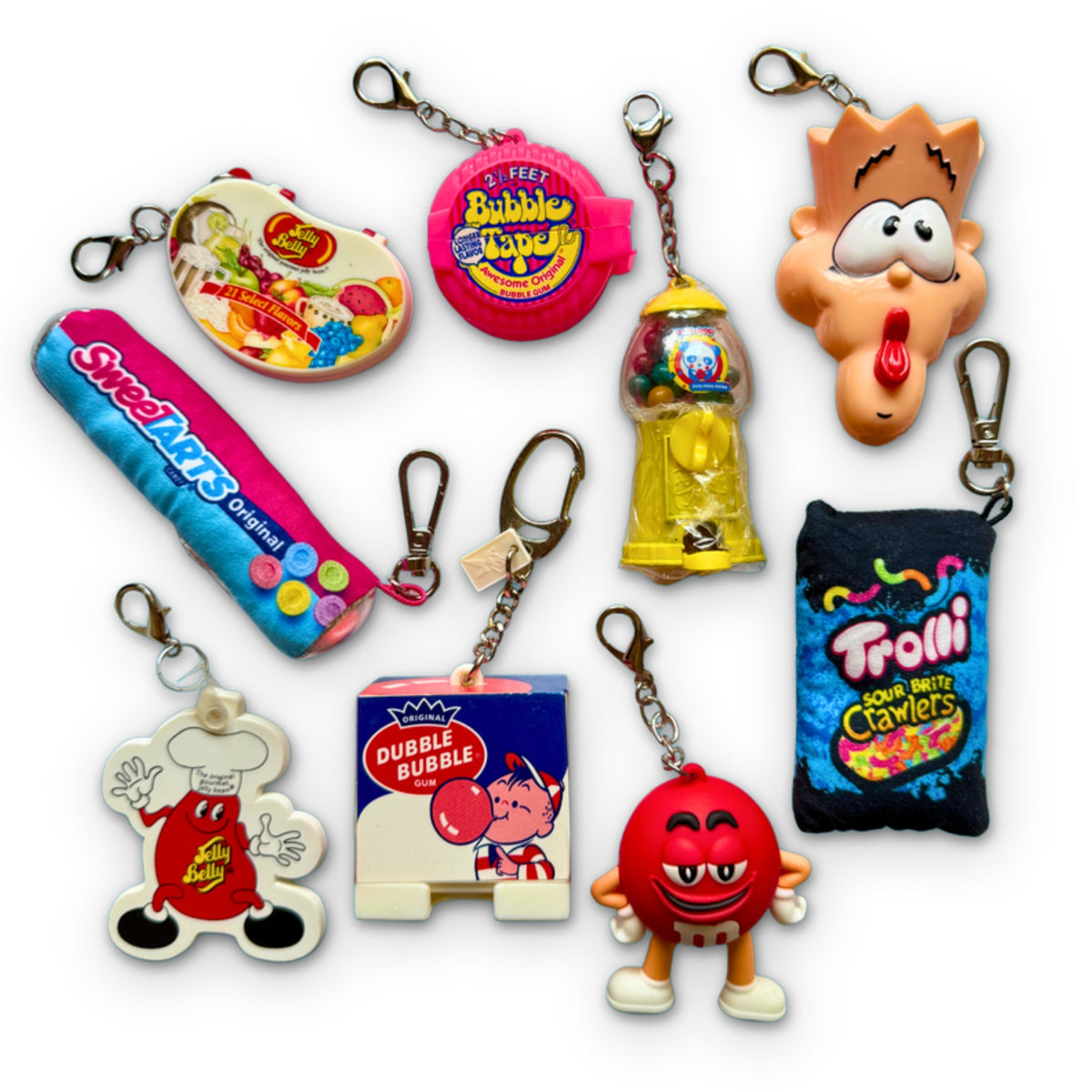 Vintage Candy Keychains & Bag Charms: Bubble Tape, Warheads on a white background