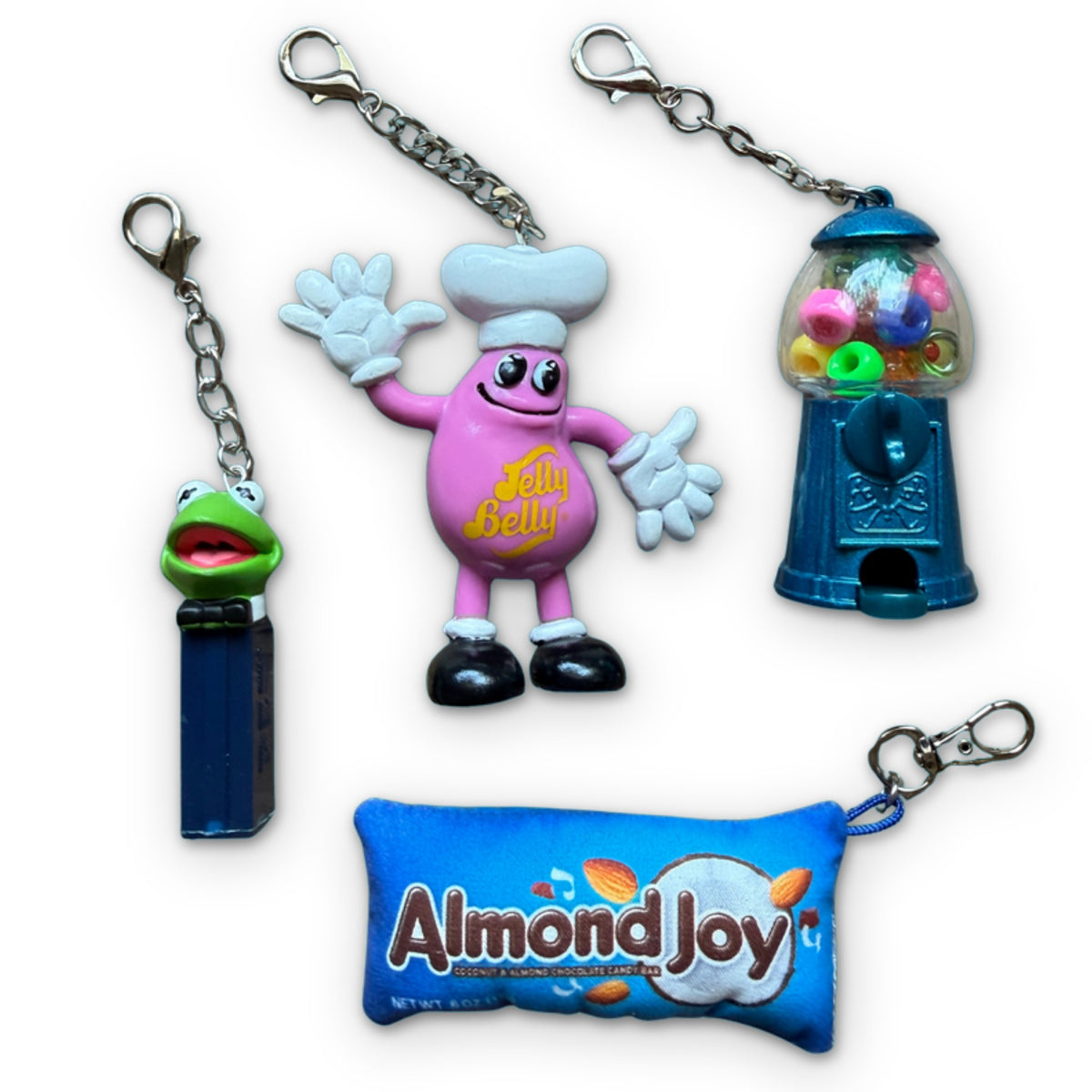 Vintage Candy Keychains & Bag Charms: Jelly Belly, Gumball on a white background