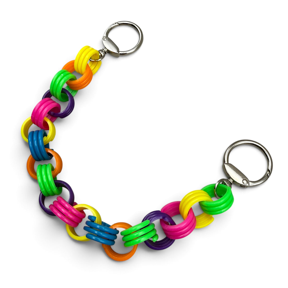 Lisa Frank neon pink, yellow, green, blue and purple coil links on the chunky bag chain