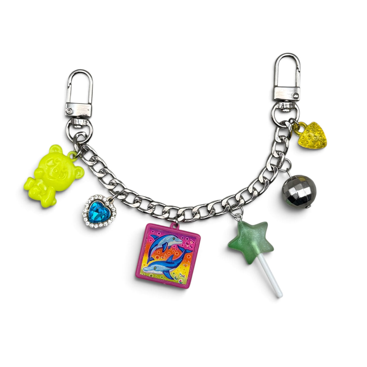 Vintage Lisa Frank dolphin panda bag chain with neon yellow panda, rhinestone heart and star lollipop