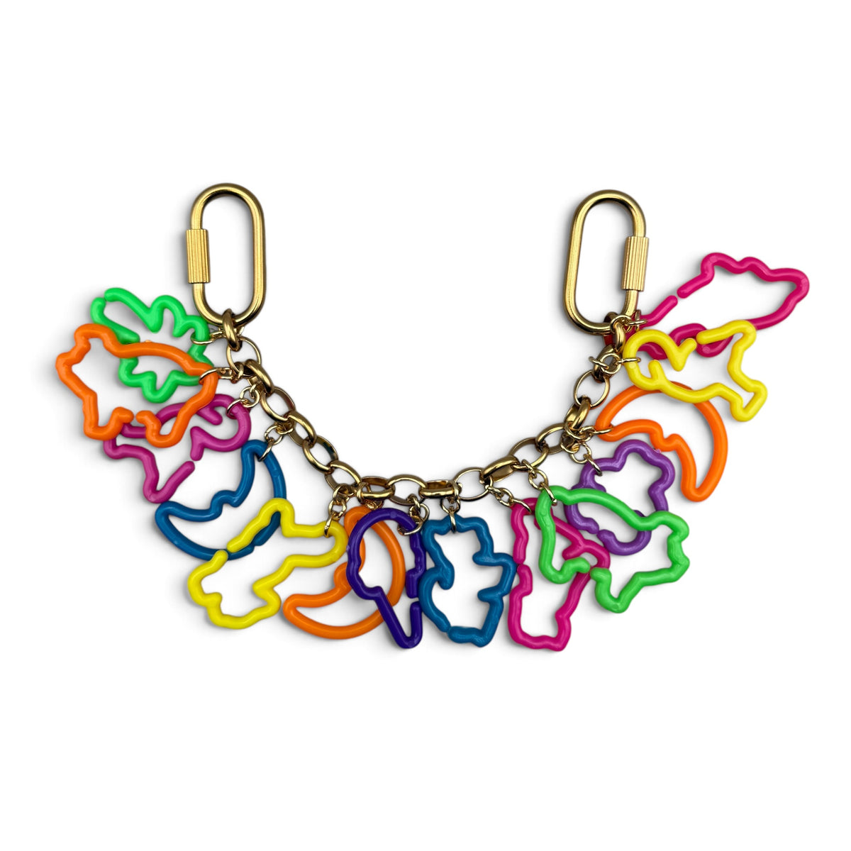 Vintage Lisa Frank trinket gold bag chain with neon cutout party favor shapes and twist carabiners