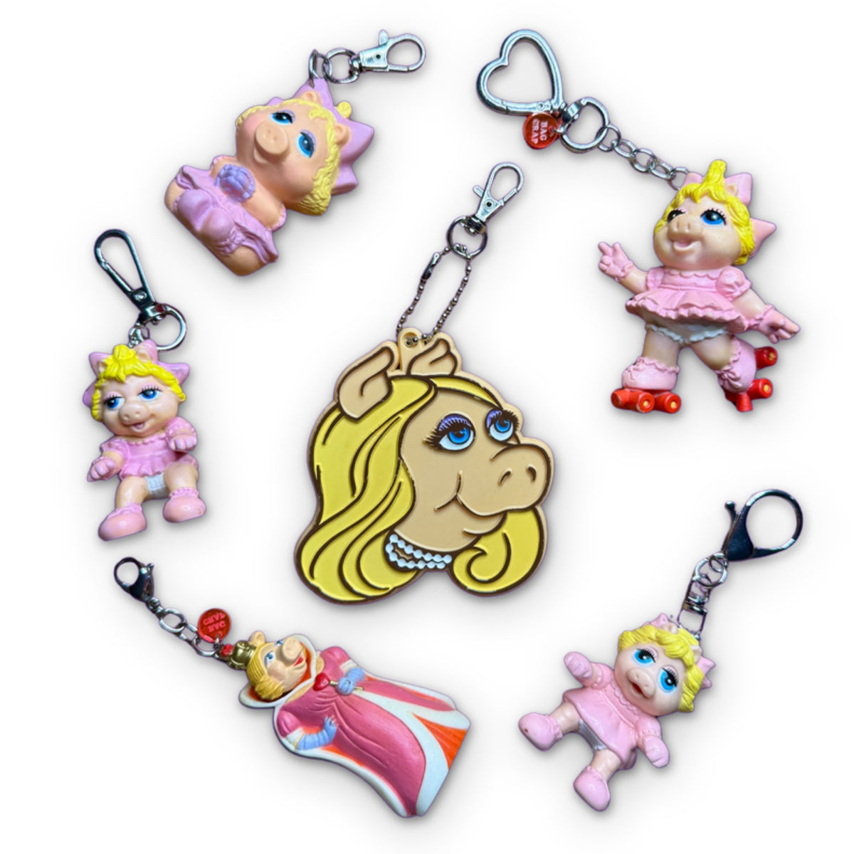 Vintage Miss Piggy Bag Charm Keychain Collection on a white background