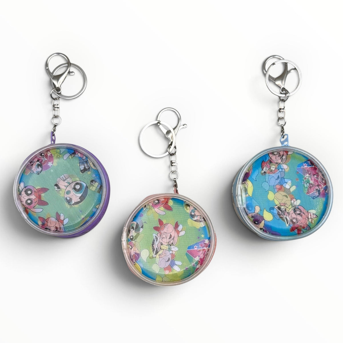 vintage Y2K Powerpuff Girls holographic round coin purse keychains with silver-tone lobster clips