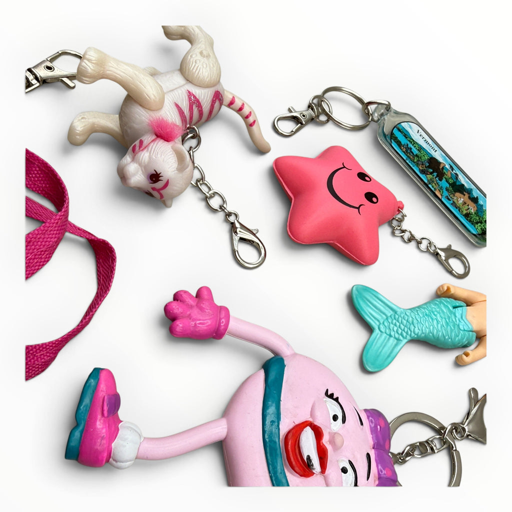 Vintage Junk Drawer Bag Charms & Keychains: Pink & Teal