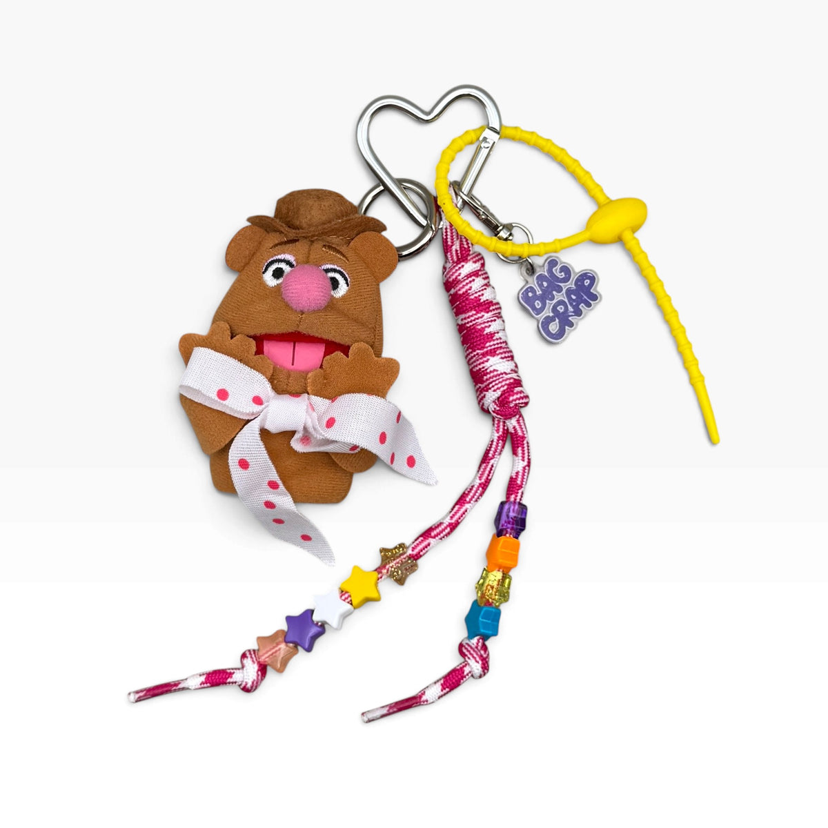 Vintage Fozzie Bear plush bag charm set with pink paracord, heart clip and yellow tie