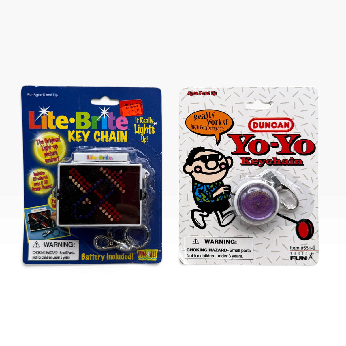 Vintage Lite-Brite and Duncan Yo-Yo keychains in original packages